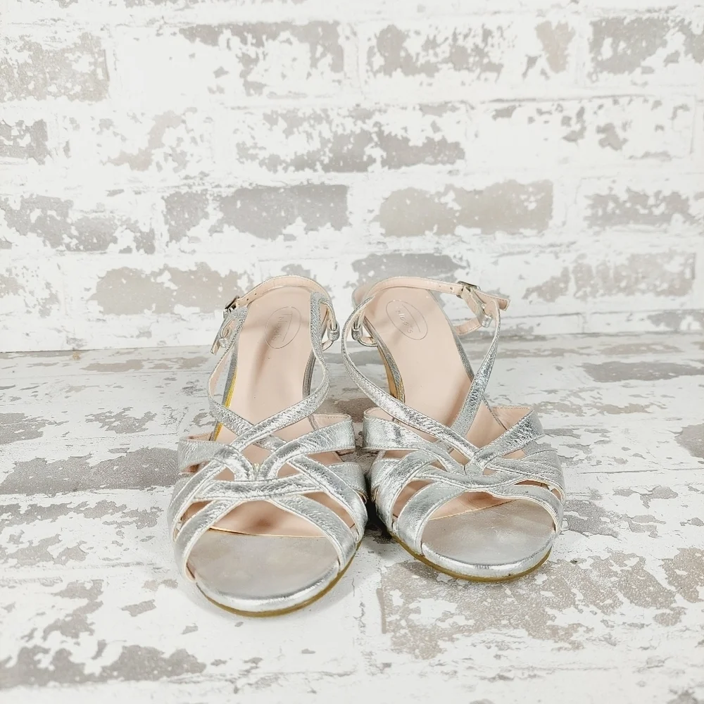 Talbots Women's Silver Genuine Leather Platform Strap Wedge Sandals V327